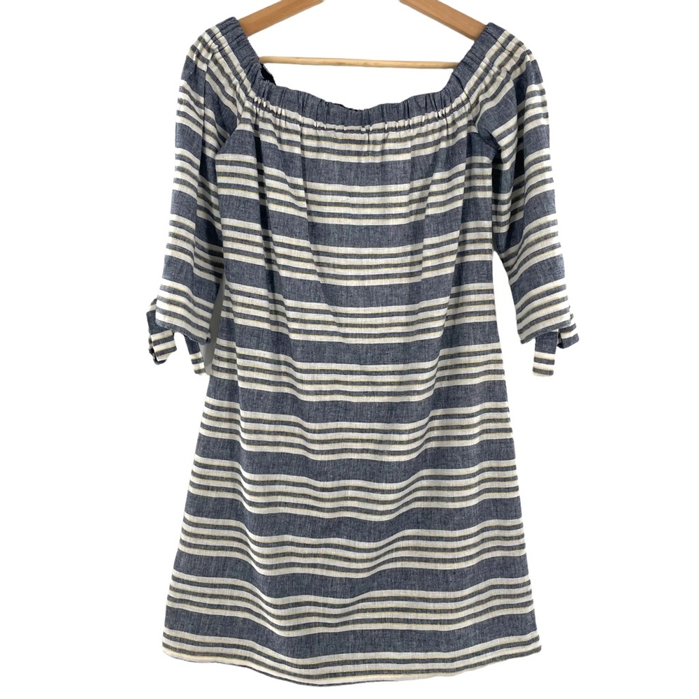 Vince Camuto Strapless Linen Blend Dress Blue and White w/ Gold Threading Size 4